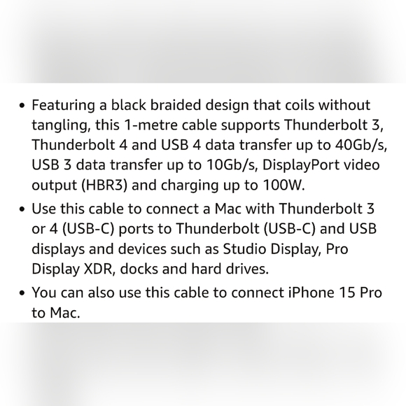 Apple Thunderbolt 4 USB-C Pro Cable 1M Color Black - Picture 4 of 4